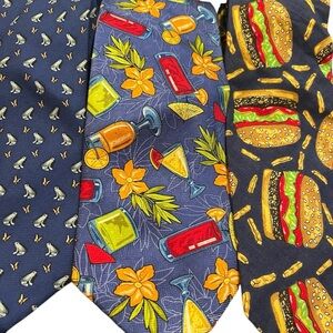 Fun novelty tie lot quirky frogs cheeseburgers fries cocktails silk like new